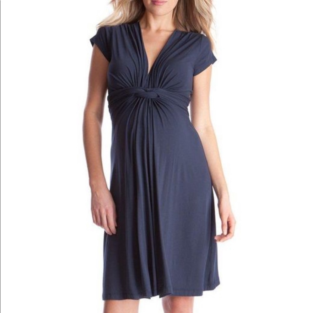 Seraphine Navy knot front cap sleeve maternity dress